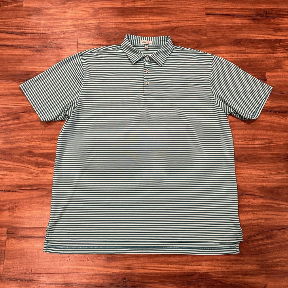 Peter Millar Polo Shirt Mens 2XL Blue White Stripe Knit Golf Performance